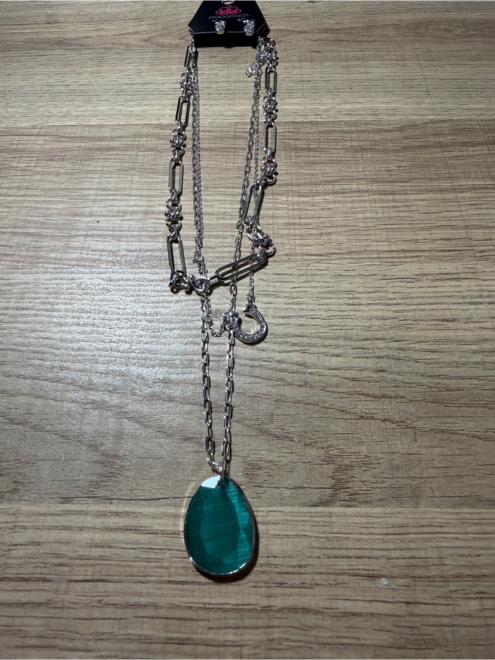 paparazzi Silver-Tone Layered Necklace with Green Teardrop Pendant